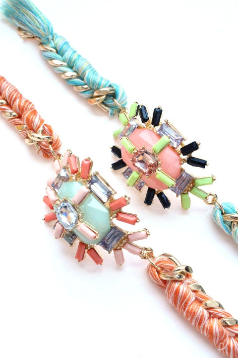 Jewel Threaded Chain Link Bracelet- Mint/Coral