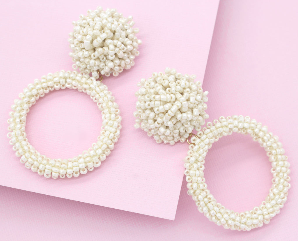 Jade Beaded Hoop Earrings- Ivory