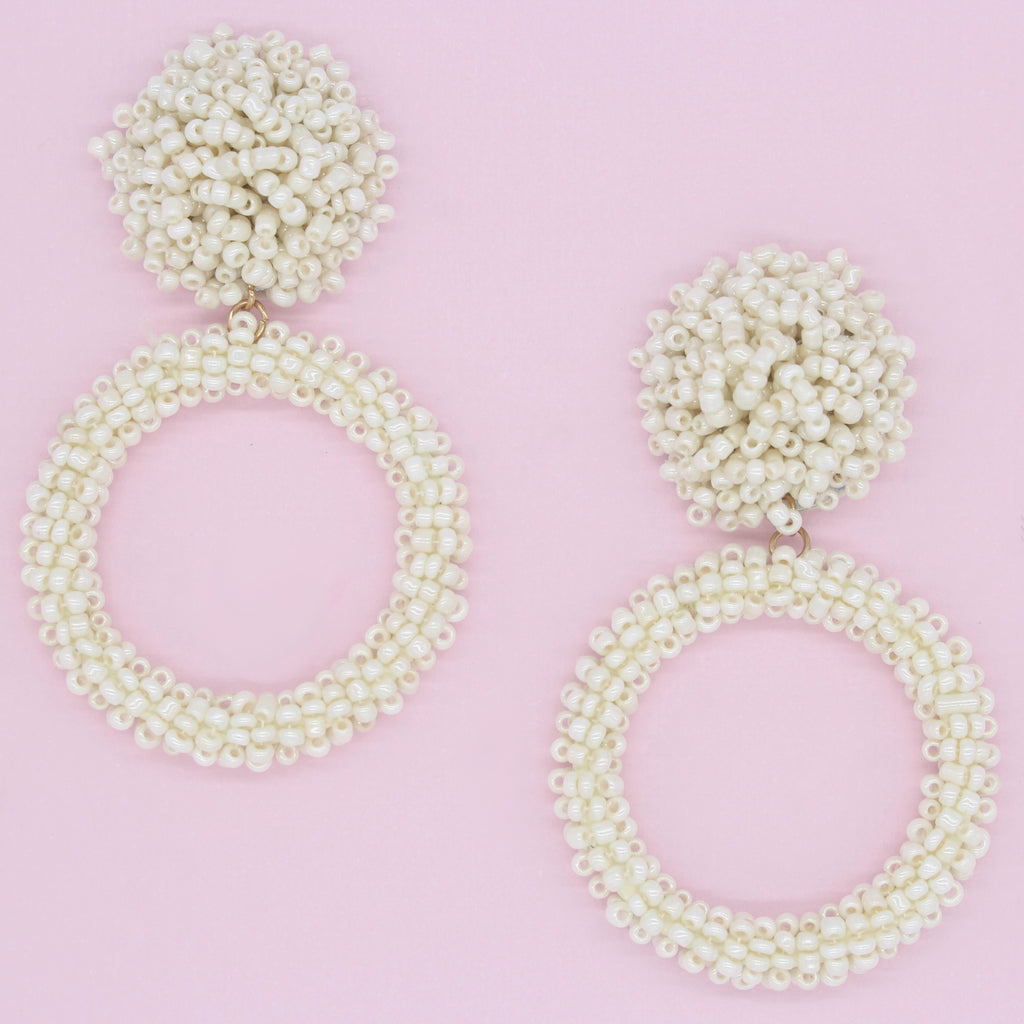 Jade Beaded Hoop Earrings- Ivory