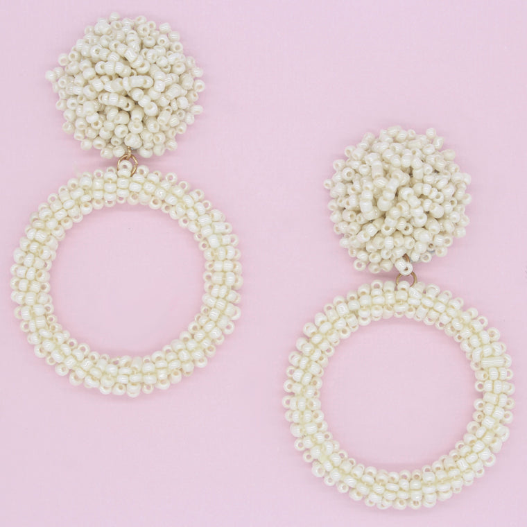 Jade Beaded Hoop Earrings- Ivory