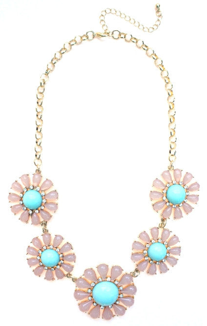 Crystal Daisy Statement Necklace- Pink/ Mint