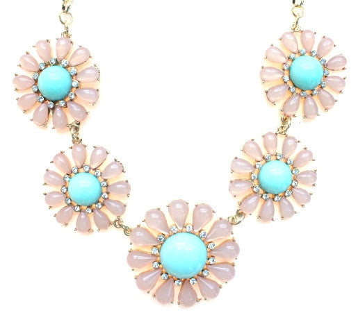 Crystal Daisy Statement Necklace- Pink/ Mint