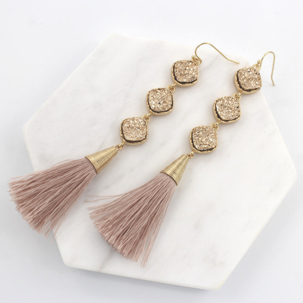 Lucy Druzy Drop Tassel Earrings- Rose