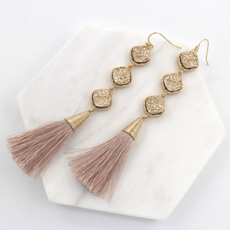 Lucy Druzy Drop Tassel Earrings- Rose