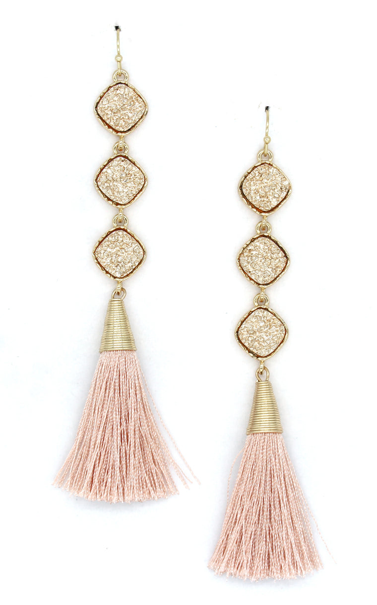 Lucy Druzy Drop Tassel Earrings- Rose