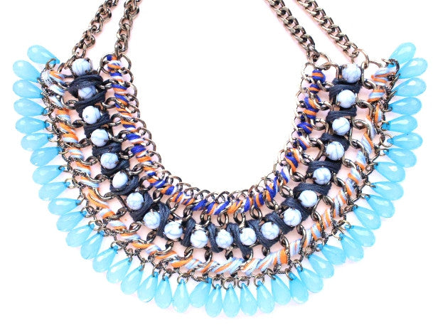 Layered Stone & Cord Chain Choker- Blue