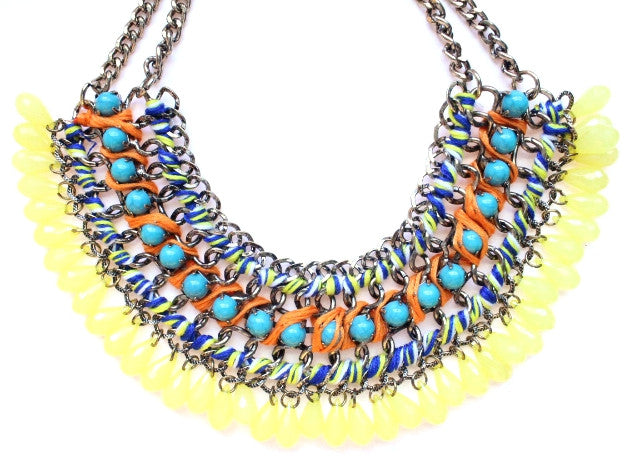 Layered Stone & Cord Chain Choker- Yellow