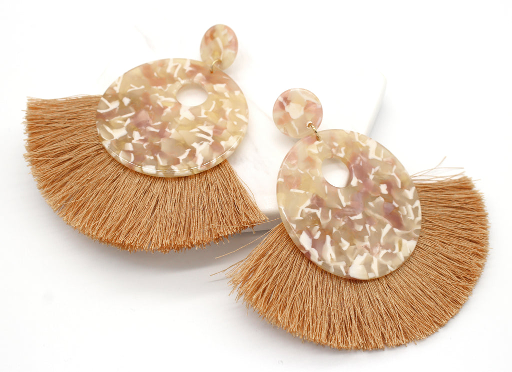 Hazel Resin Tassel Earrings- Tan Marble