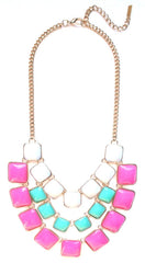Layered Cube Jewels Bib Necklace- White/Mint/Pink