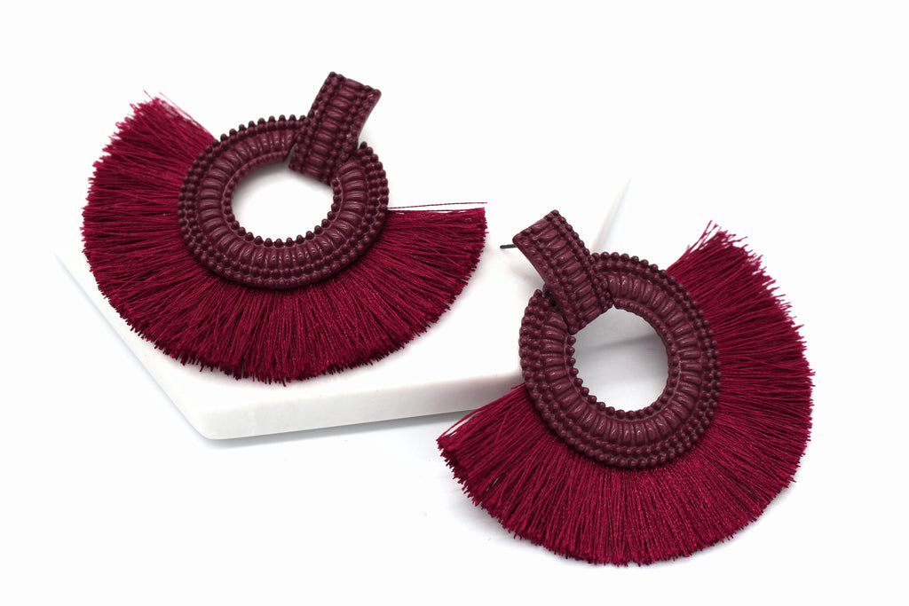 Hadley Fringe Tassel Earrings- Burgundy