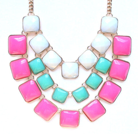 Layered Cube Jewels Bib Necklace- White/Mint/Pink