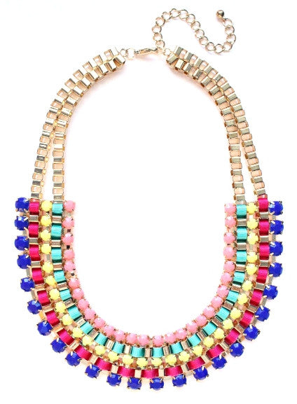Beaded Box Chain Necklace- Royal/Pink Multi