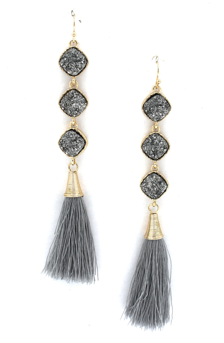 Lucy Druzy Drop Tassel Earrings- Silver/Gunmetal