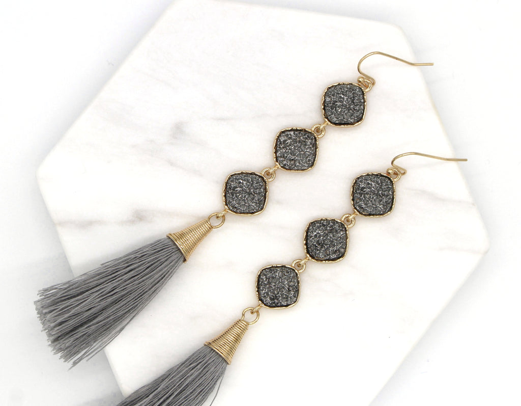 Lucy Druzy Drop Tassel Earrings- Silver/Gunmetal
