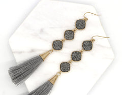 Lucy Druzy Drop Tassel Earrings- Silver/Gunmetal