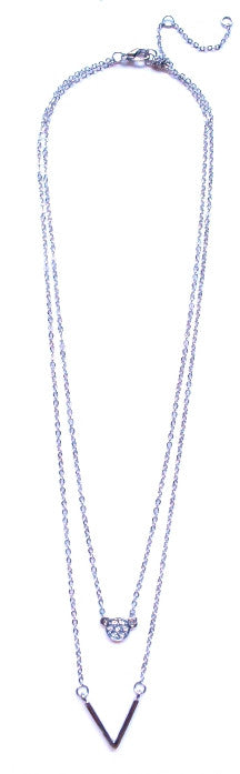 Crystal Circle & V Pendant Necklace- Silver