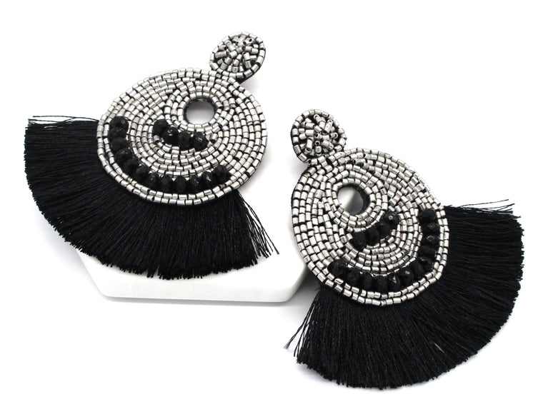 Josie Beaded Tassel Earrings- Silver Metallic