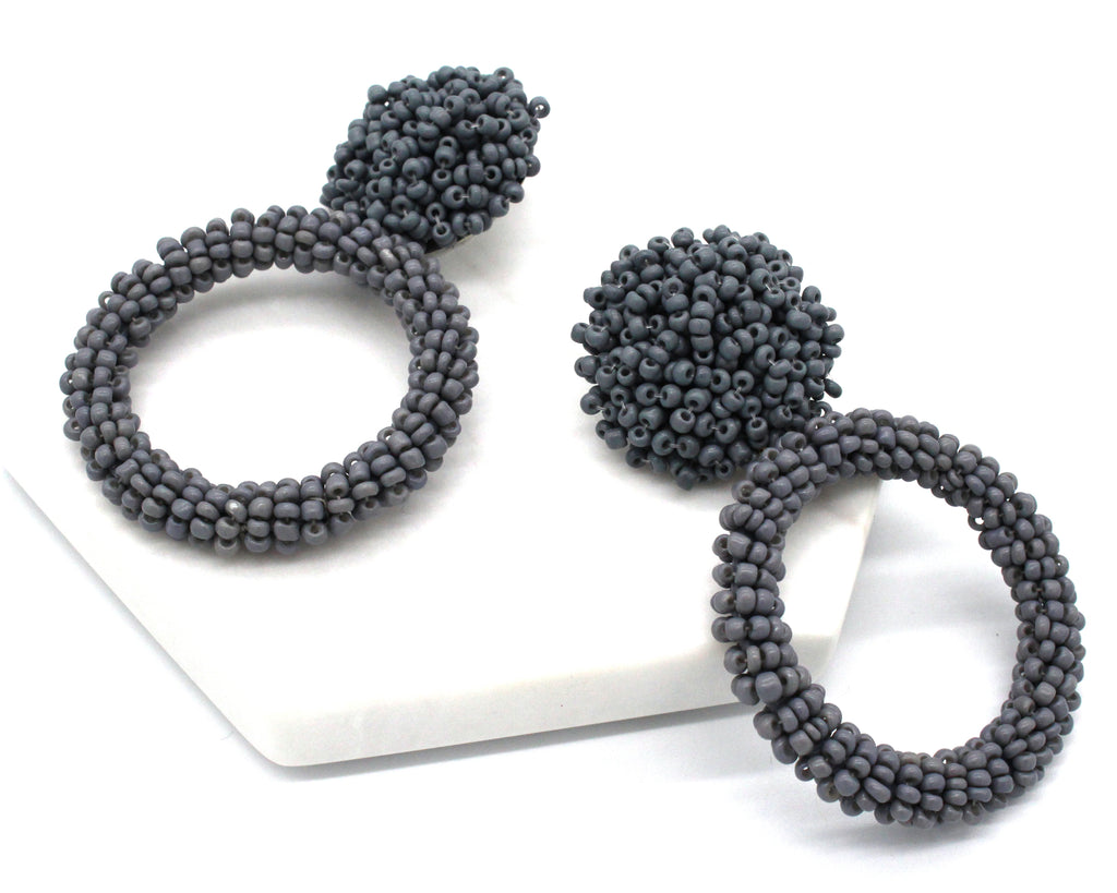 Jade Beaded Hoop Earrings- Grey