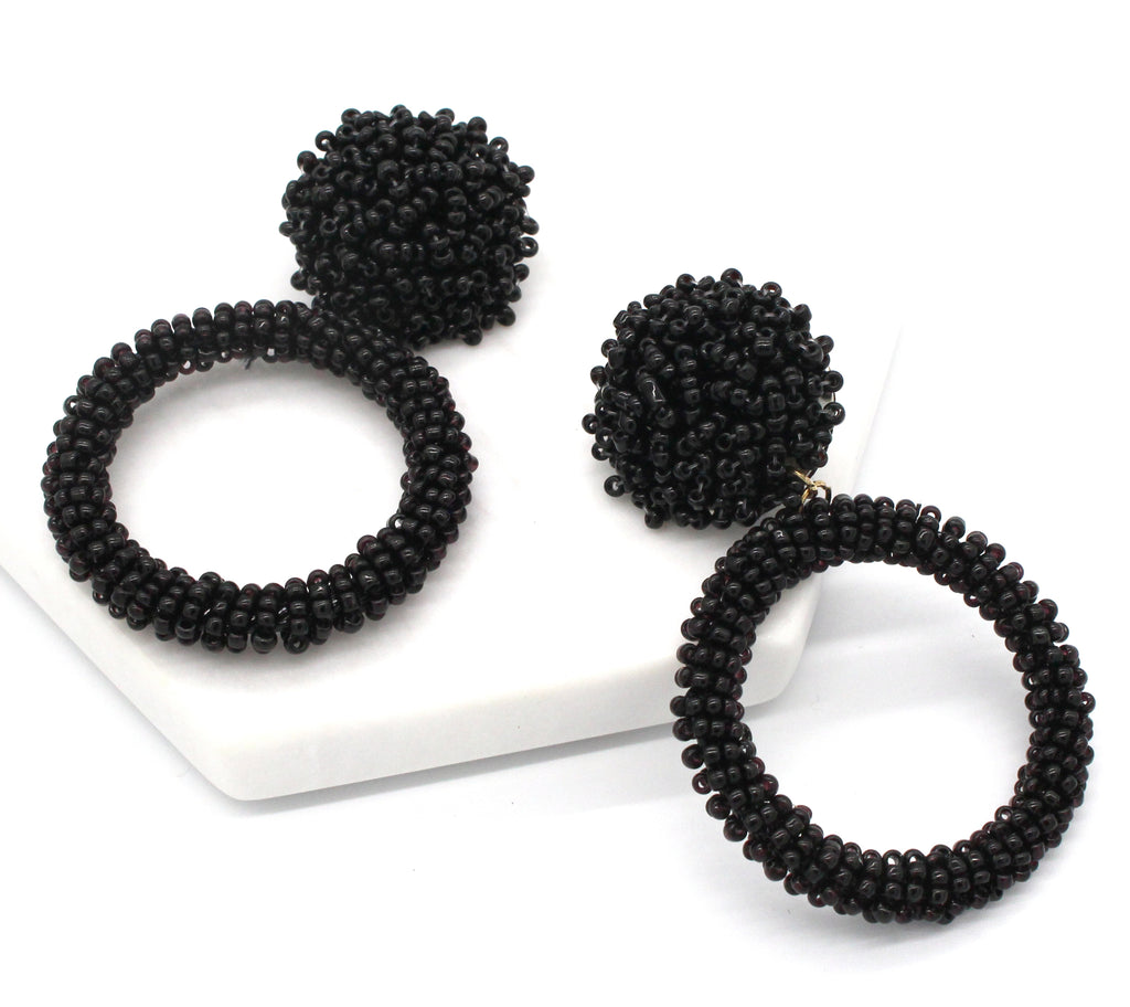 Jade Beaded Hoop Earrings- Black
