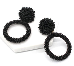 Jade Beaded Hoop Earrings- Black
