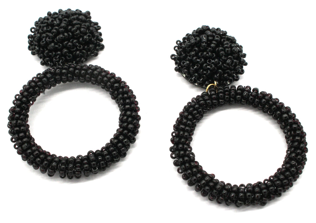 Jade Beaded Hoop Earrings- Black
