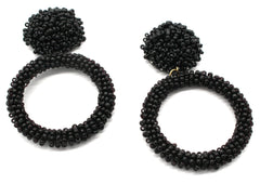 Jade Beaded Hoop Earrings- Black