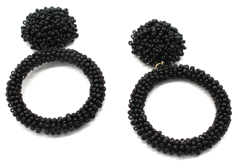 Jade Beaded Hoop Earrings- Black