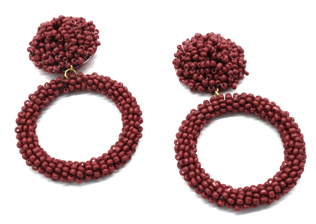 Jade Beaded Hoop Earrings- Burgundy