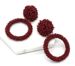 Jade Beaded Hoop Earrings- Burgundy
