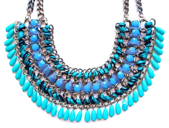 Layered Stone & Cord Chain Necklace- Aqua Teal