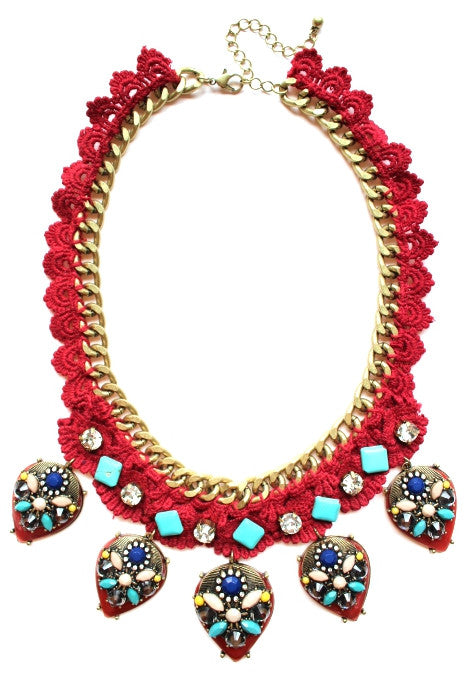 Crochet Chain & Stone Necklace- Burgundy