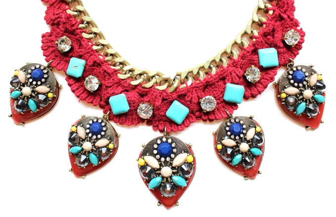 Crochet Chain & Stone Necklace- Burgundy