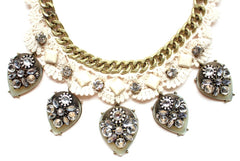 Crochet Chain & Stone Necklace- Ivory/Grey