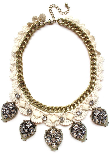 Crochet Chain & Stone Necklace- Ivory/Grey