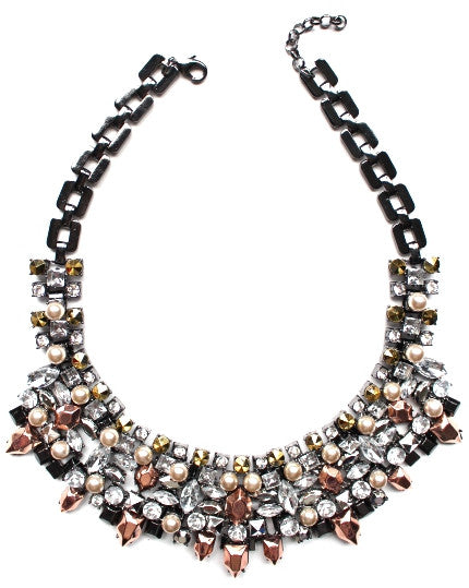 Metallic Crystal & Pearl Mix Statement Necklace