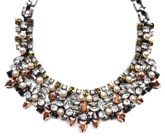 Metallic Crystal & Pearl Mix Statement Necklace