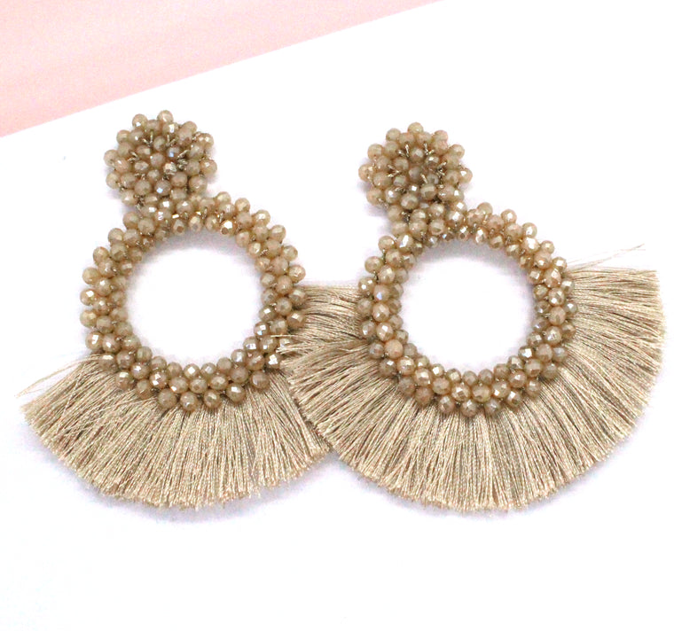 Danielle Jeweled Hoop & Fringe Earrings- Taupe