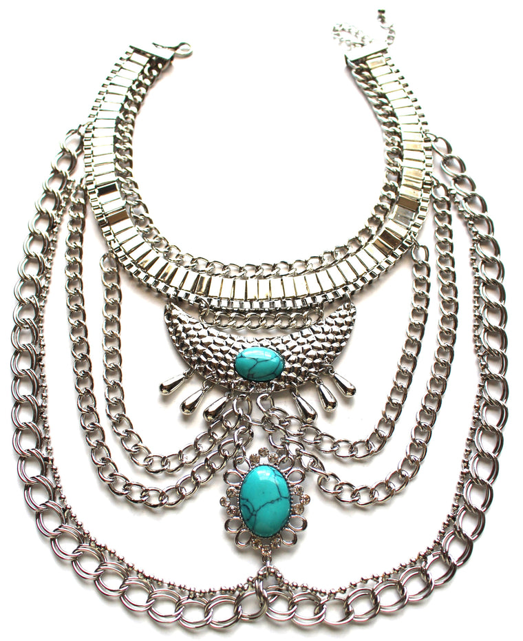 Native Goddess Draped Chains Necklace- Turquoise Stone