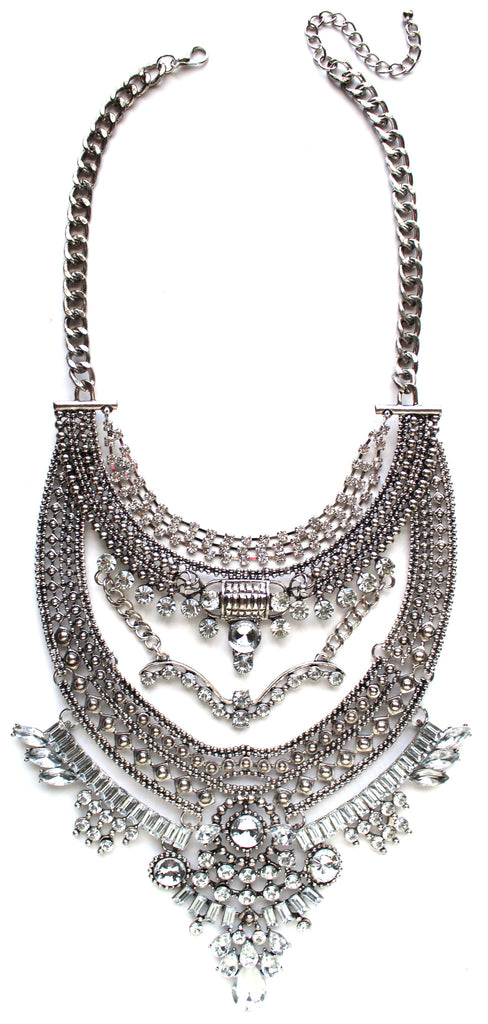 Regal Gypsy Crystal Bib Necklace- Silver