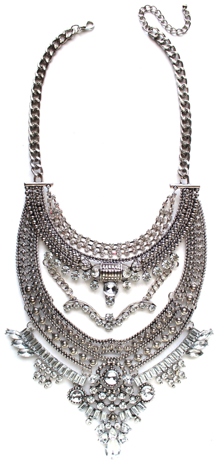 Regal Gypsy Crystal Bib Necklace- Silver