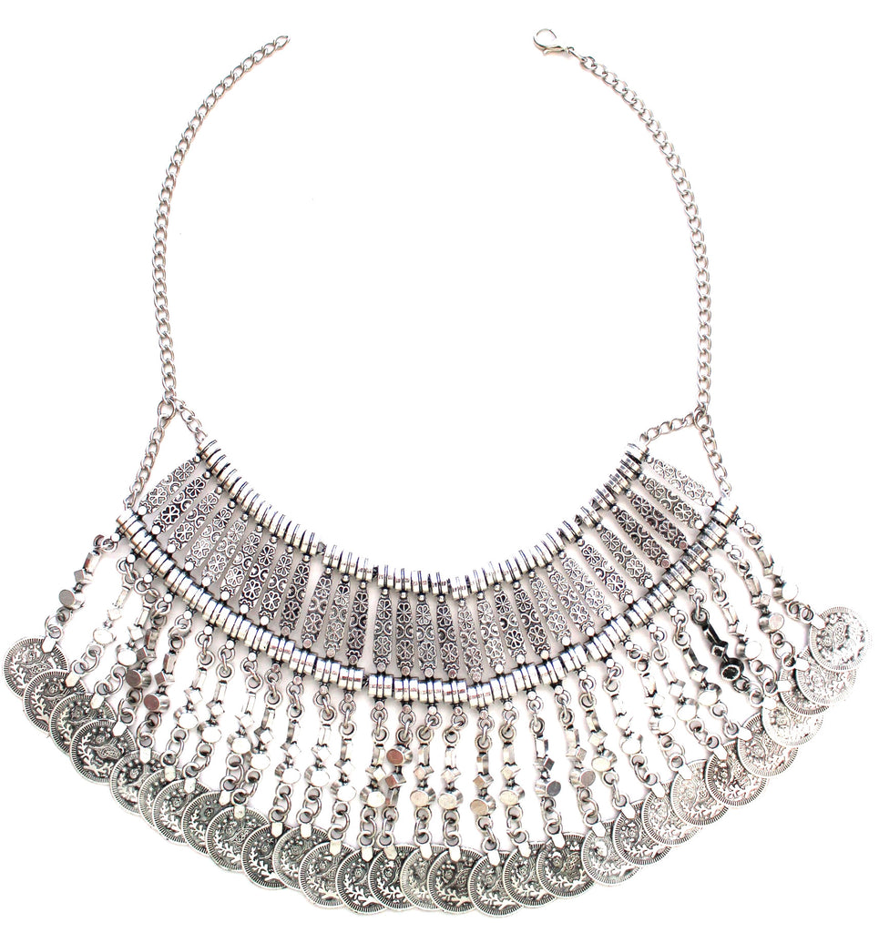 Antiqued Metal Coin Bib Necklace- Silver