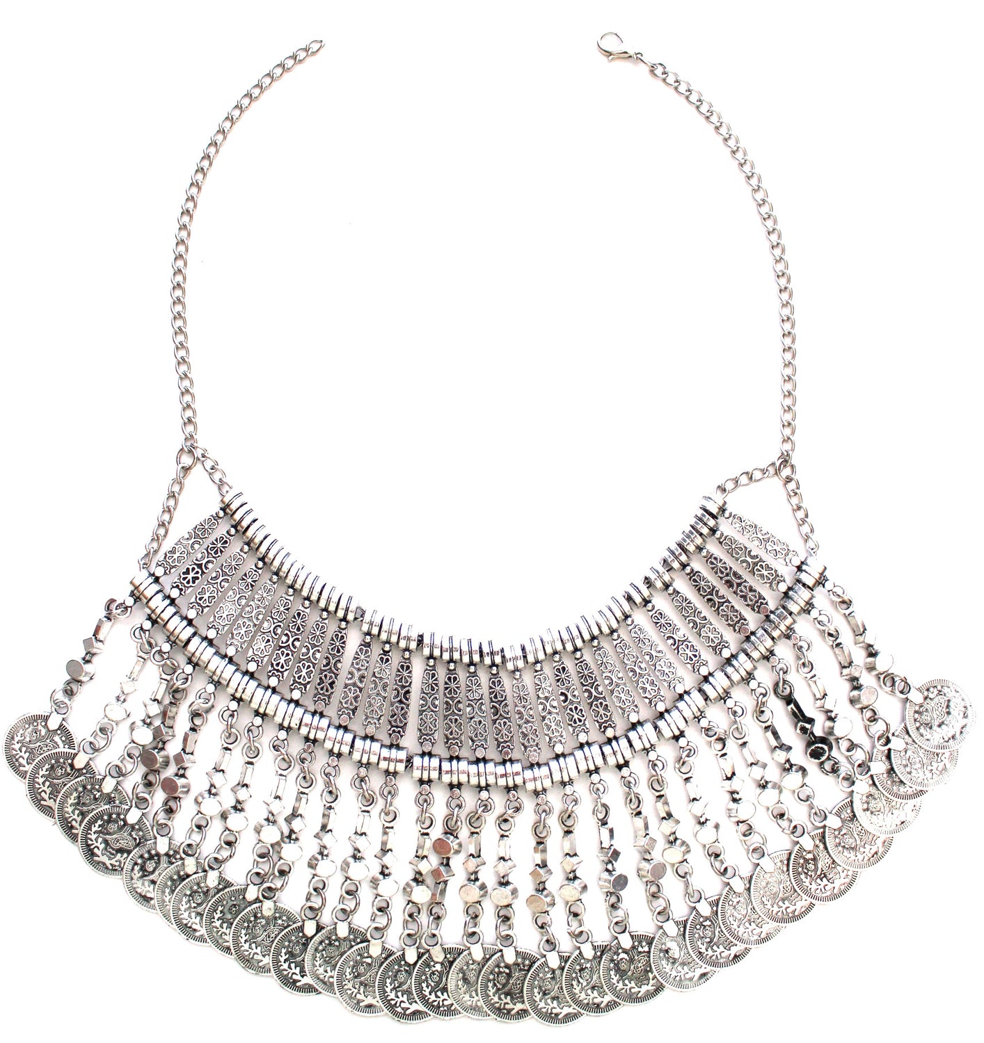 Antiqued Metal Coin Bib Necklace- Silver