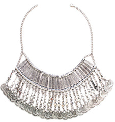 Antiqued Metal Coin Bib Necklace- Silver