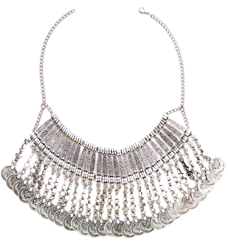 Antiqued Metal Coin Bib Necklace- Silver