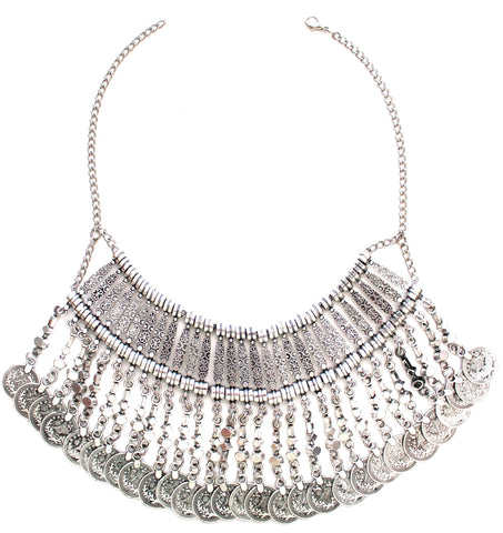 Antiqued Metal Coin Bib Necklace- Silver