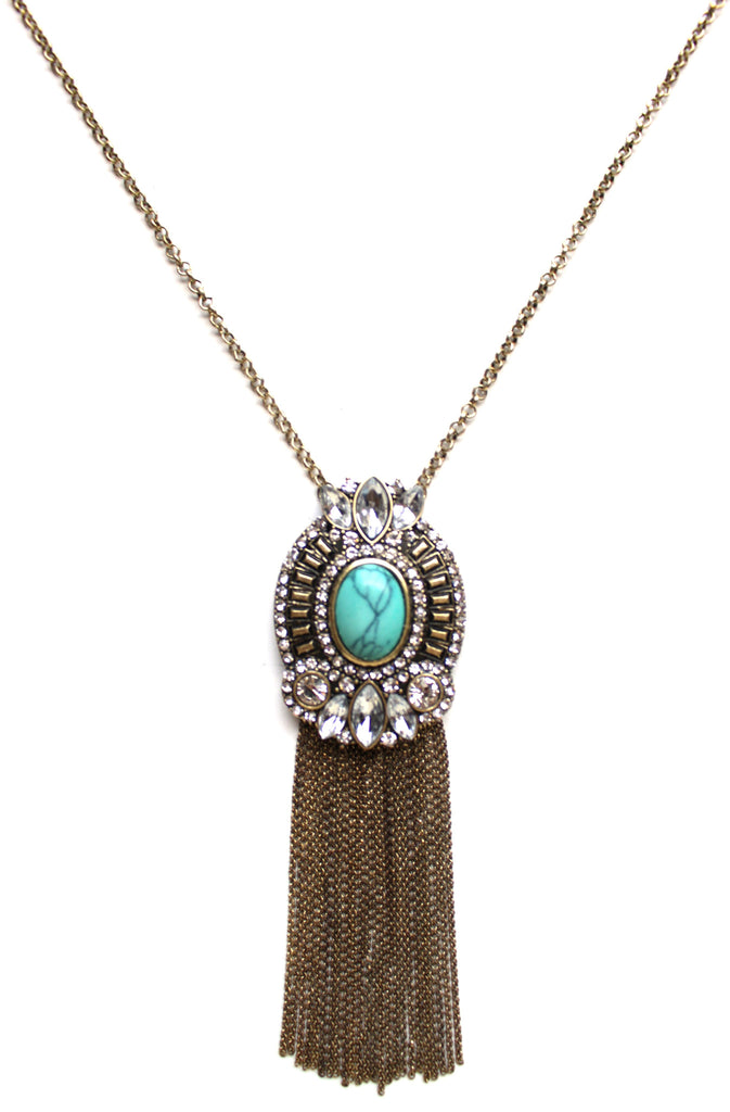 Ornate Embellished Stone Tassel Long Necklace