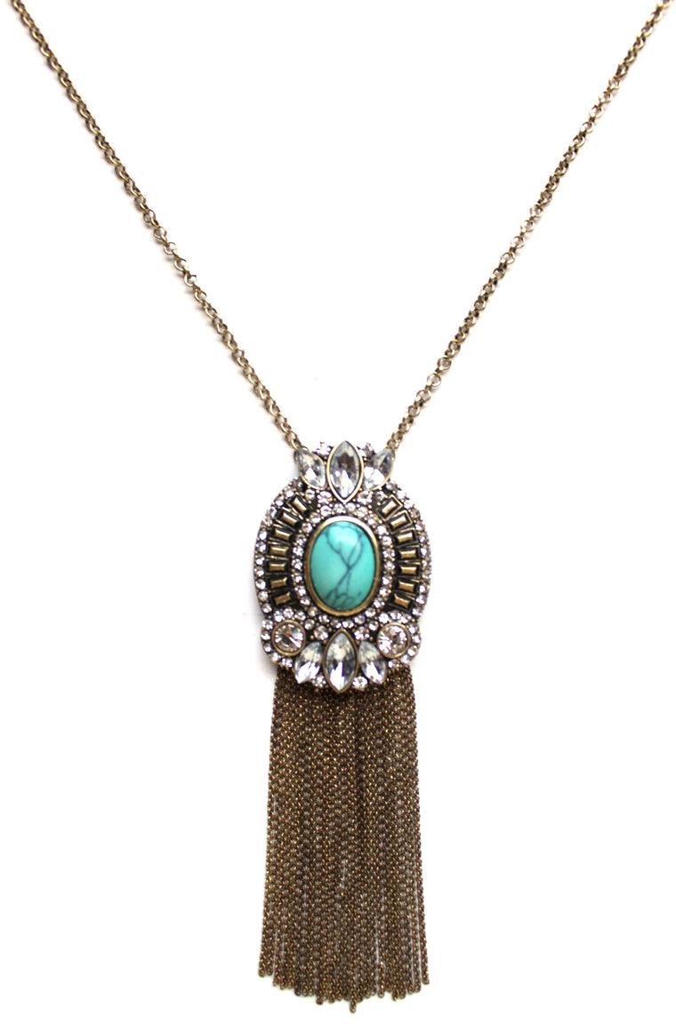 Ornate Embellished Stone Tassel Long Necklace