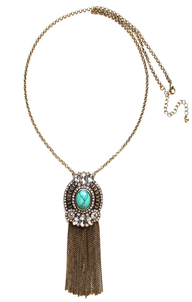 Ornate Embellished Stone Tassel Long Necklace