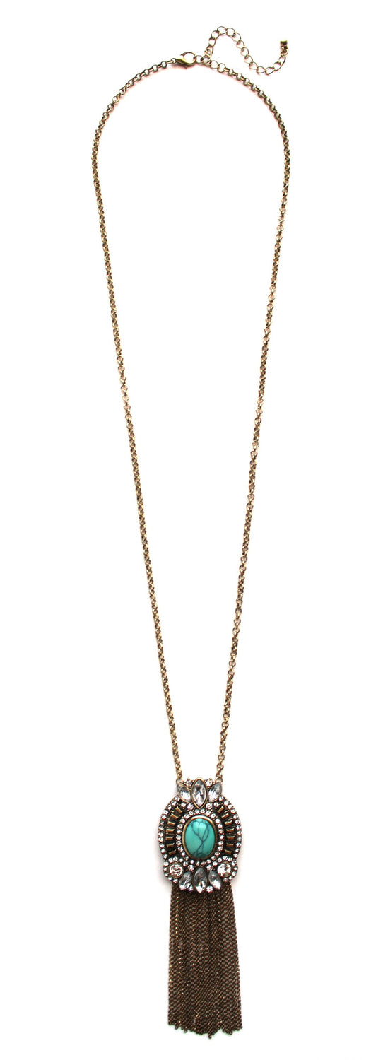 Ornate Embellished Stone Tassel Long Necklace