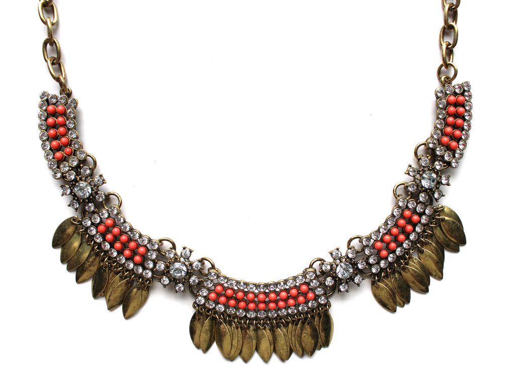 Golden Boho Fringe Necklace- Coral